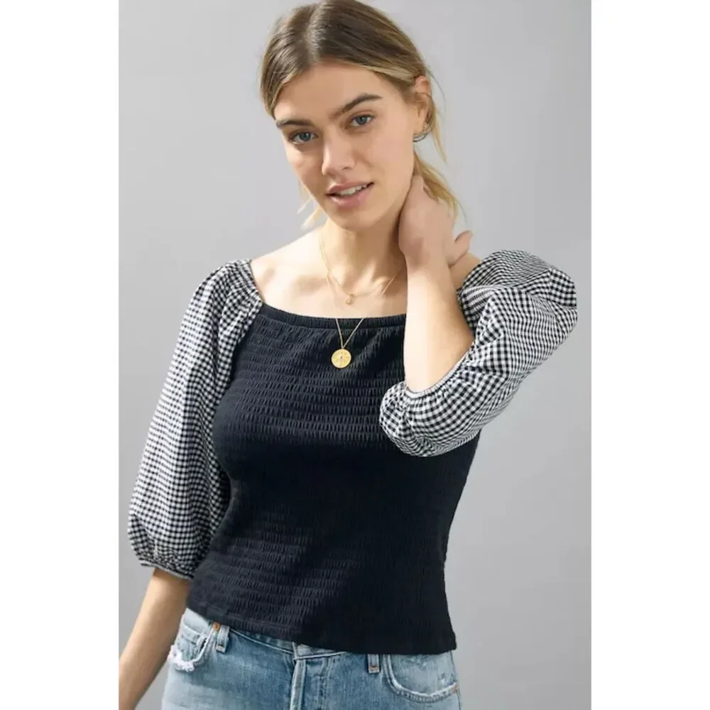 Who Wear What When Where Size S Black Top Gingham Puff Sleeve Anthropologie NWT